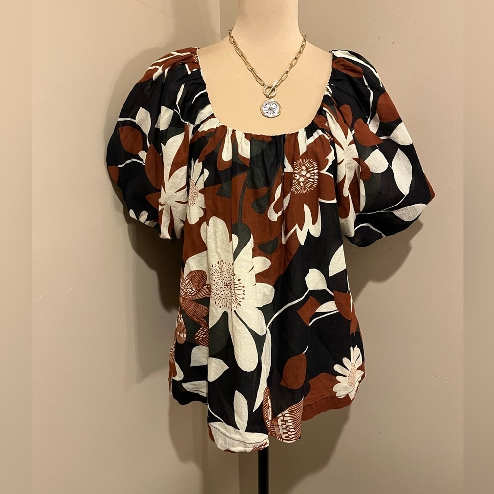 Umgee Black and Brown Floral Puff Sleeve Blouse, lined, small